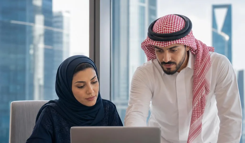 زميلان في فريق الموارد البشرية بالسعودية يراجعان معلومات الموظفين على حاسوب محمول